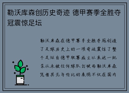 勒沃库森创历史奇迹 德甲赛季全胜夺冠震惊足坛 勒沃库森创历史奇迹 德甲赛季全胜夺冠震惊足坛