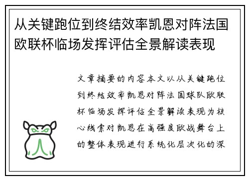 从关键跑位到终结效率凯恩对阵法国欧联杯临场发挥评估全景解读表现
